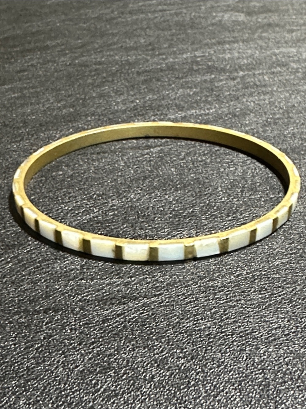 Vintage Boho Brass Bangle Bracelet Mother of Pearl Inlay Geometric